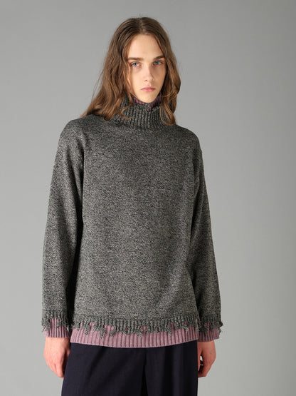 BULKY WOOL BLEND DAMAGED DETAIL TURTLE NECK PULLOVER