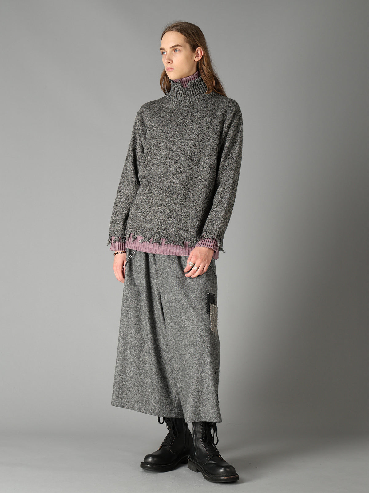 BULKY WOOL BLEND DAMAGED DETAIL TURTLE NECK PULLOVER