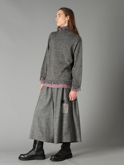 BULKY WOOL BLEND DAMAGED DETAIL TURTLE NECK PULLOVER