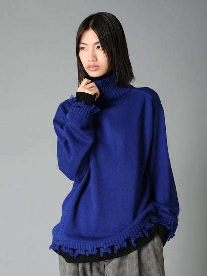 BULKY WOOL BLEND DAMAGED DETAIL TURTLE NECK PULLOVER