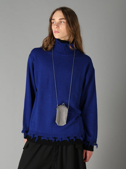 BULKY WOOL BLEND DAMAGED DETAIL TURTLE NECK PULLOVER