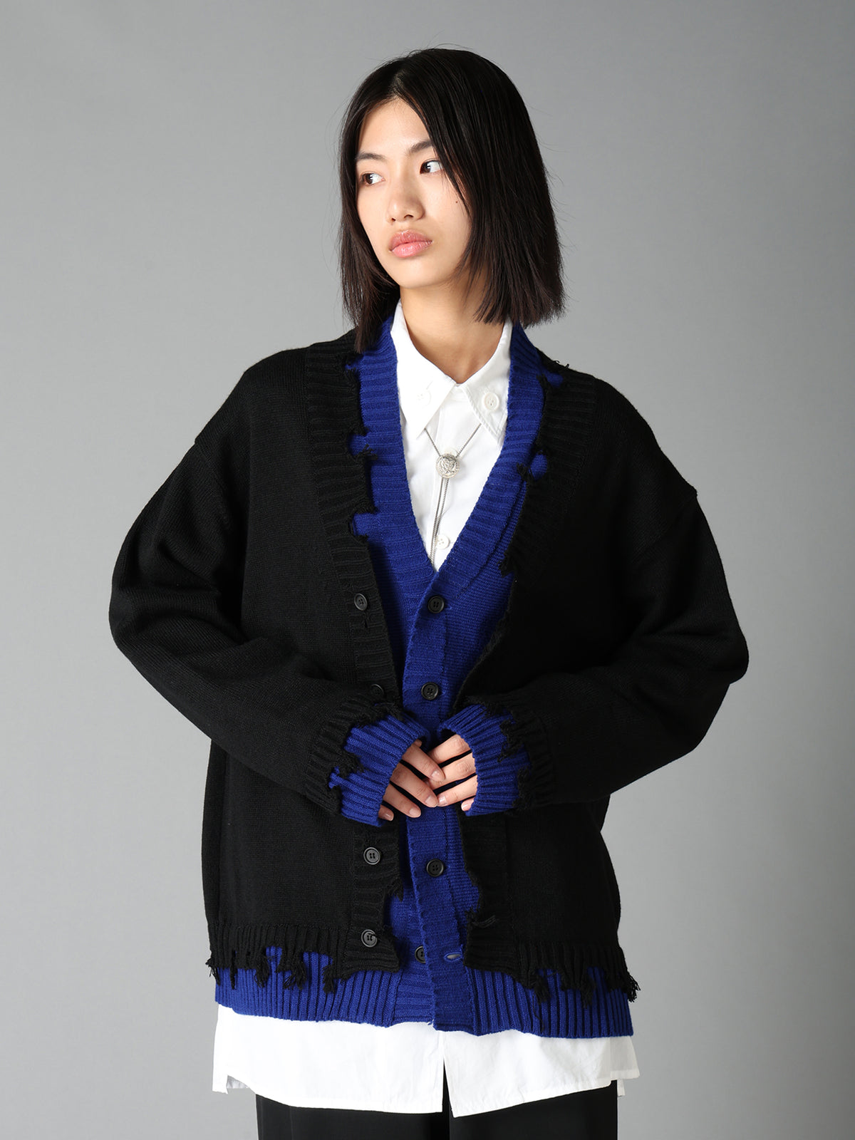 BULKY WOOL BLEND CONTRAST DAMAGED DETAIL CARDIGAN