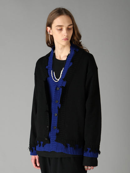 BULKY WOOL BLEND CONTRAST DAMAGED DETAIL CARDIGAN