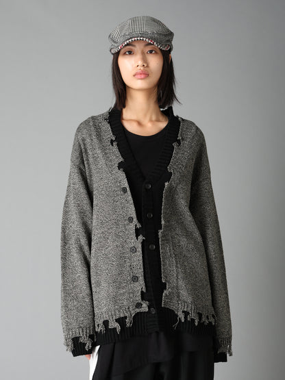 BULKY WOOL BLEND CONTRAST DAMAGED DETAIL CARDIGAN