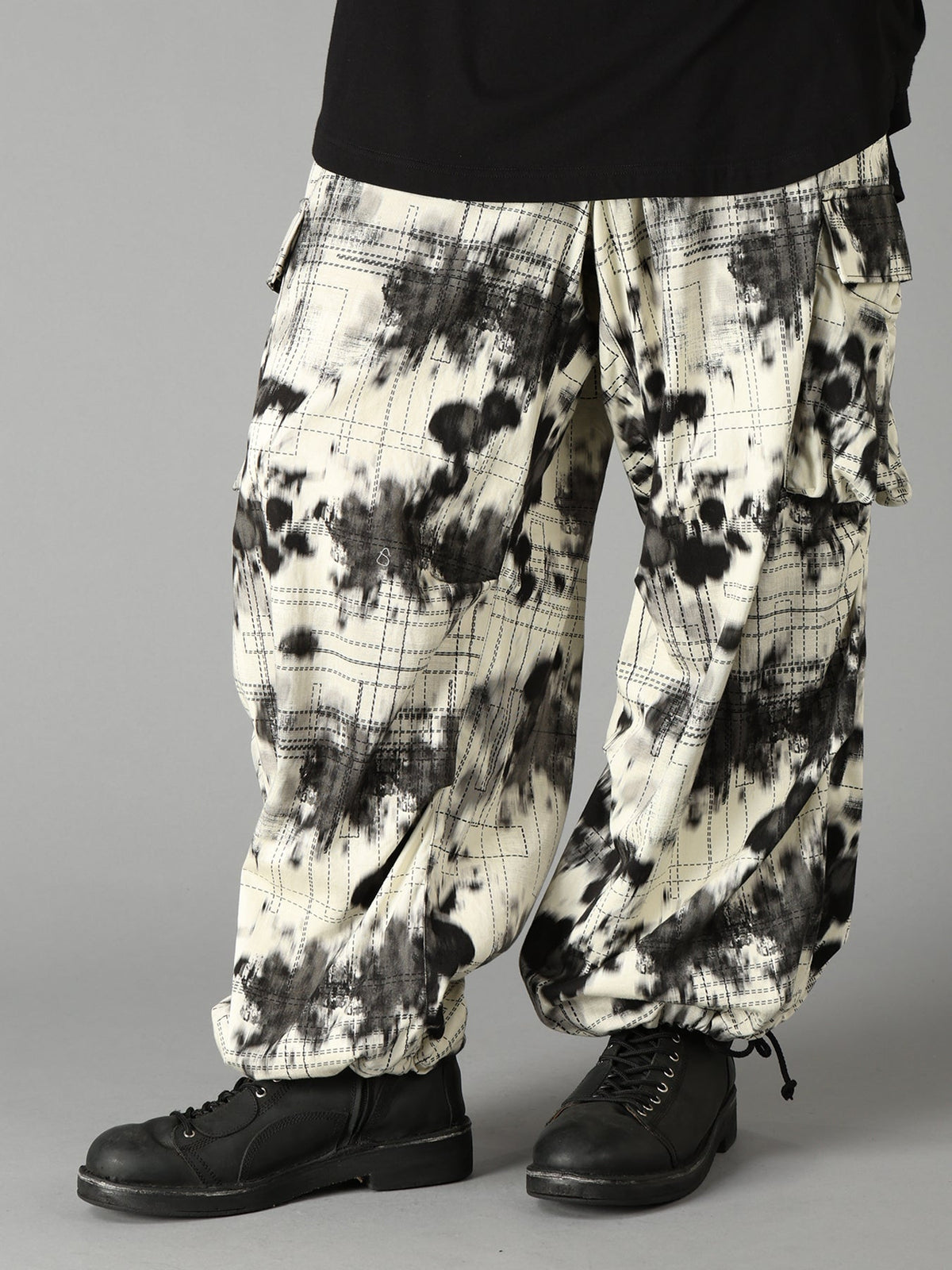 INK-WASH PRINTED TECHNO PANTS WITH DECORATIVE STITCH DETAILING