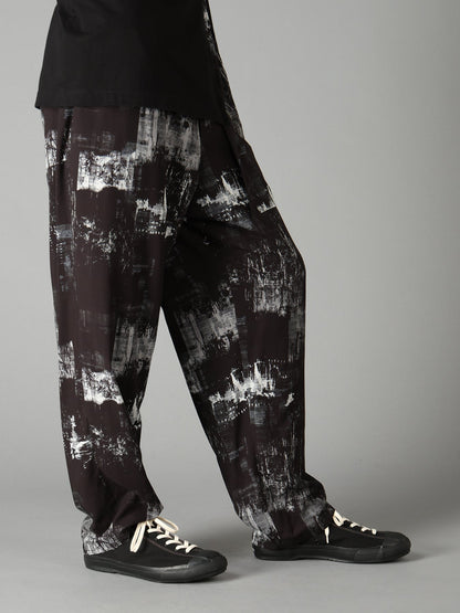 WITHERED BRANCH PRINT RAYON ROPE WAIST STRAIGHT PANTS