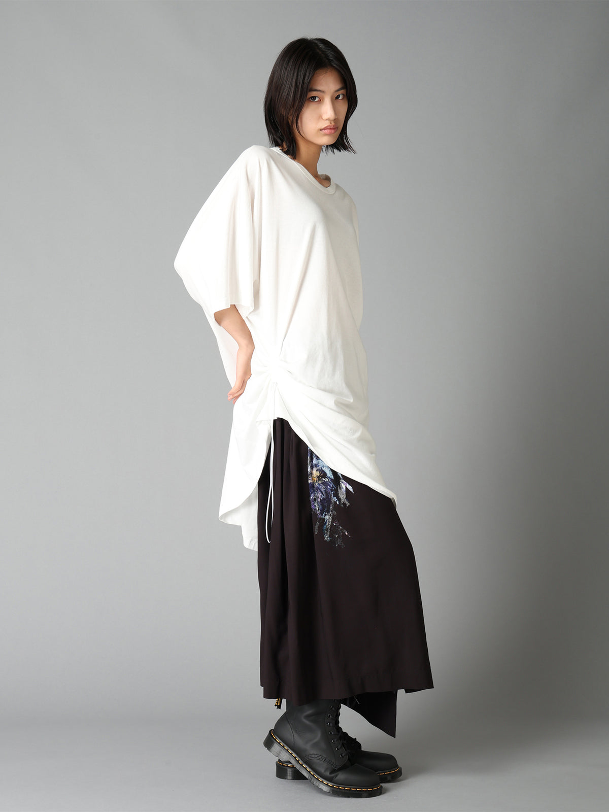 PATCHWORK FLOWER PRINT RAYON WAIST DRAWSTRING SKIRT