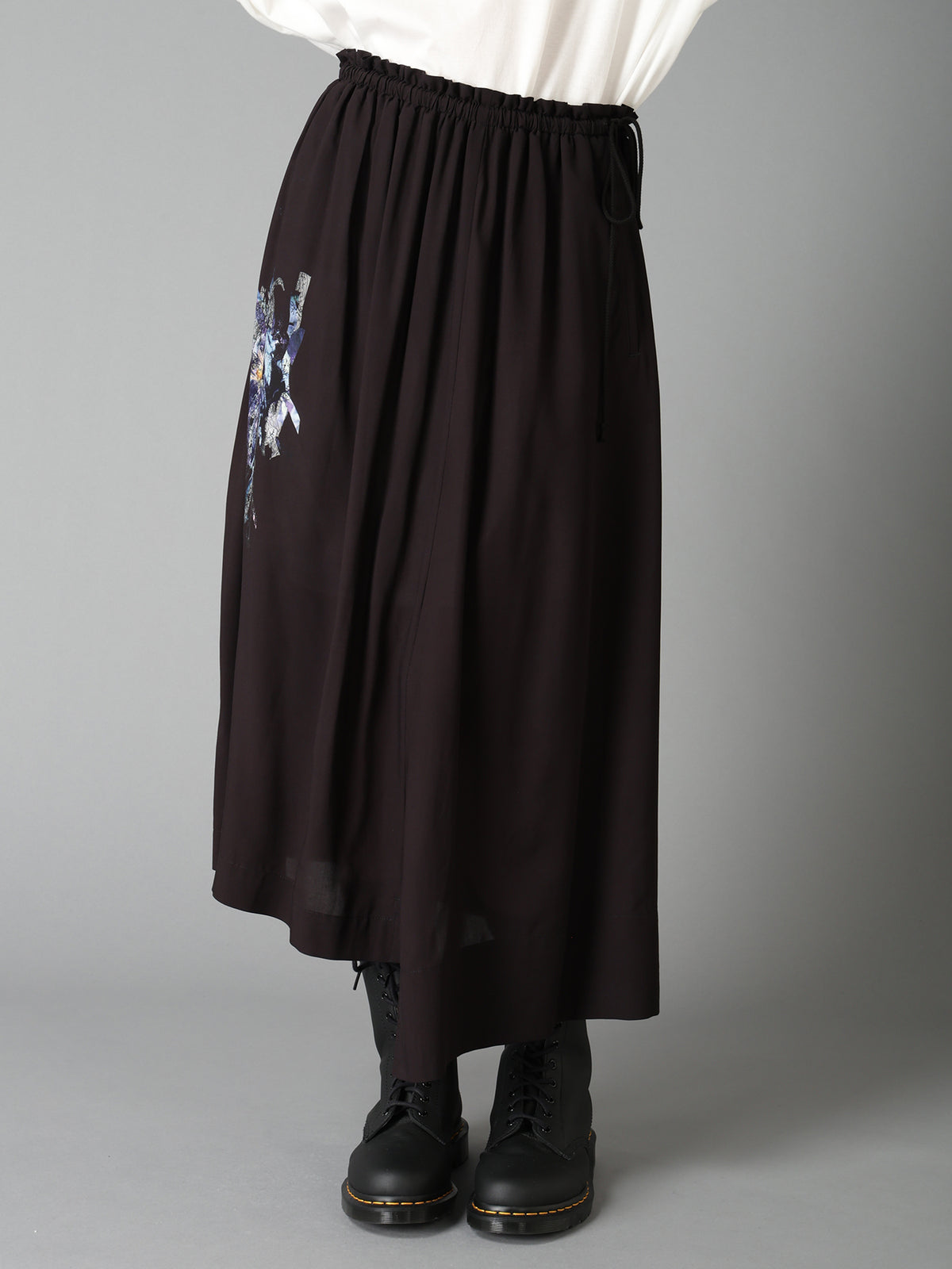 PATCHWORK FLOWER PRINT RAYON WAIST DRAWSTRING SKIRT