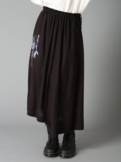 PATCHWORK FLOWER PRINT RAYON WAIST DRAWSTRING SKIRT