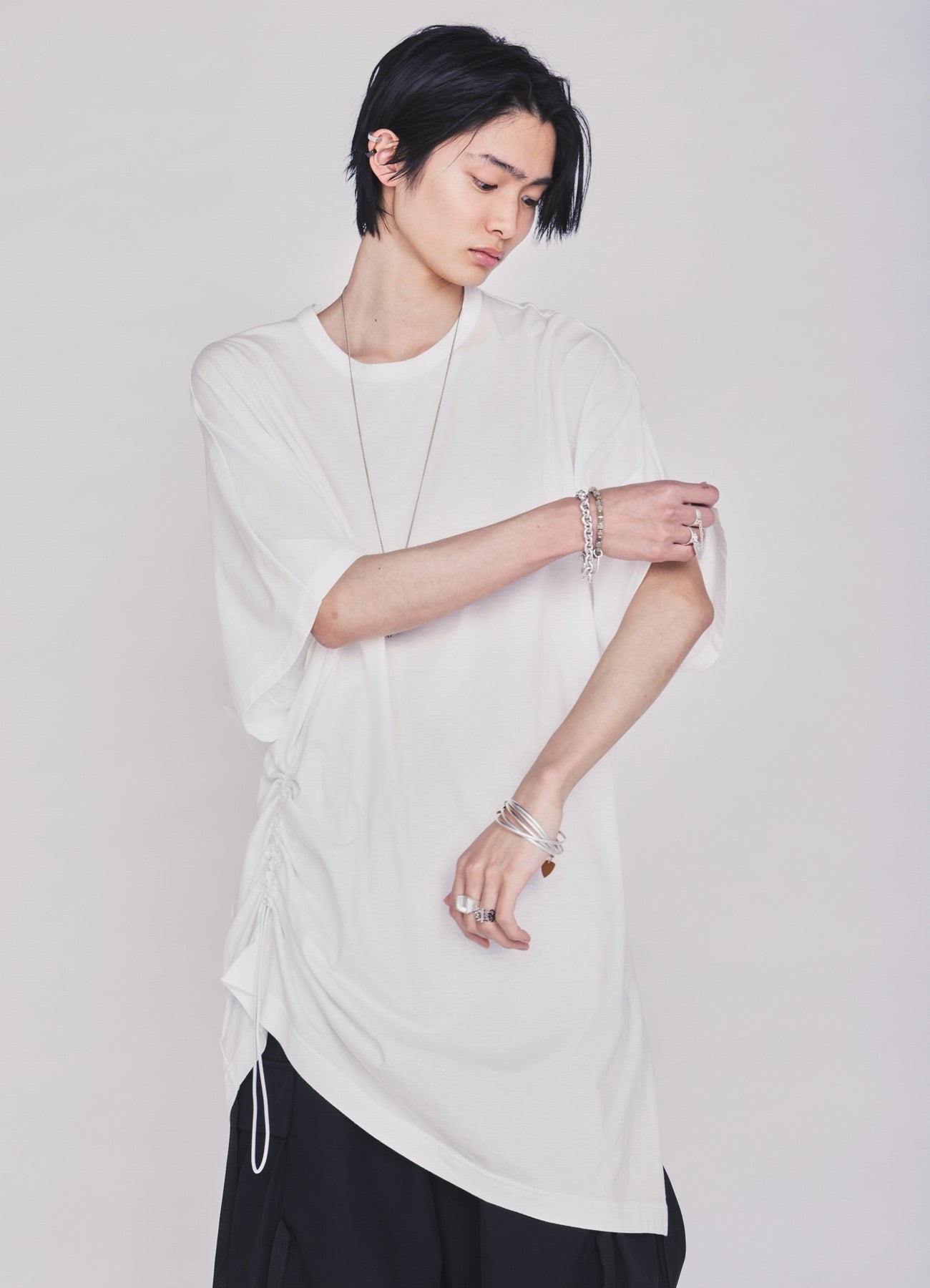 30/COTTON JERSEY ELASTIC DRAWSTRING GATHERED T-SHIRT