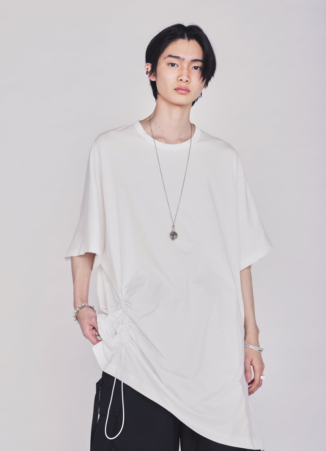 30/COTTON JERSEY ELASTIC DRAWSTRING GATHERED T-SHIRT