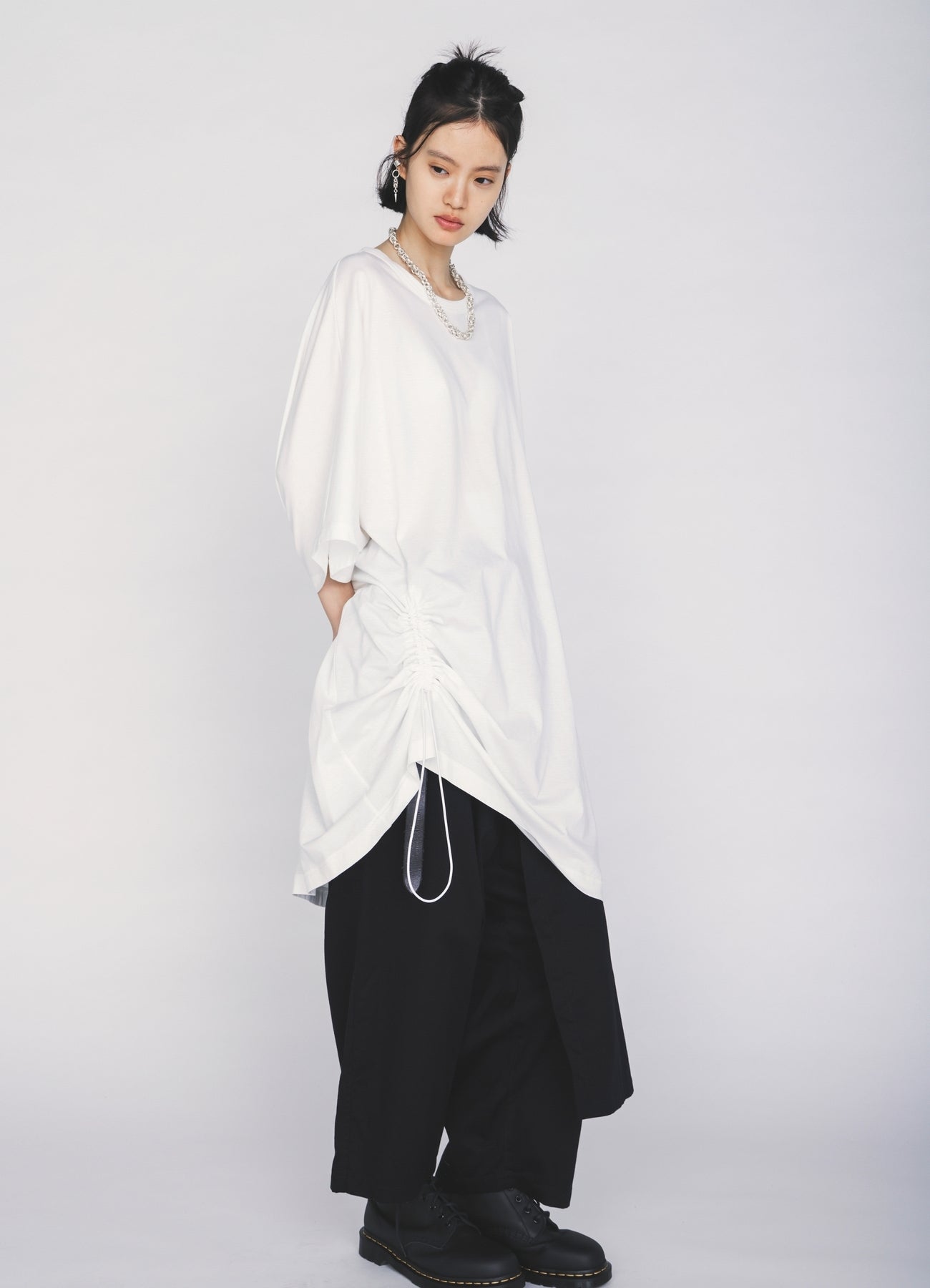 30/COTTON JERSEY ELASTIC DRAWSTRING GATHERED T-SHIRT