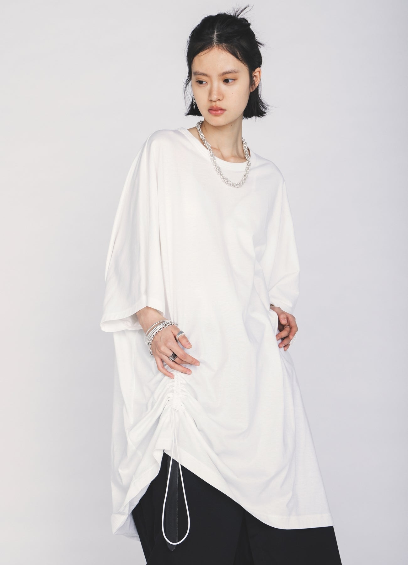 30/COTTON JERSEY ELASTIC DRAWSTRING GATHERED T-SHIRT