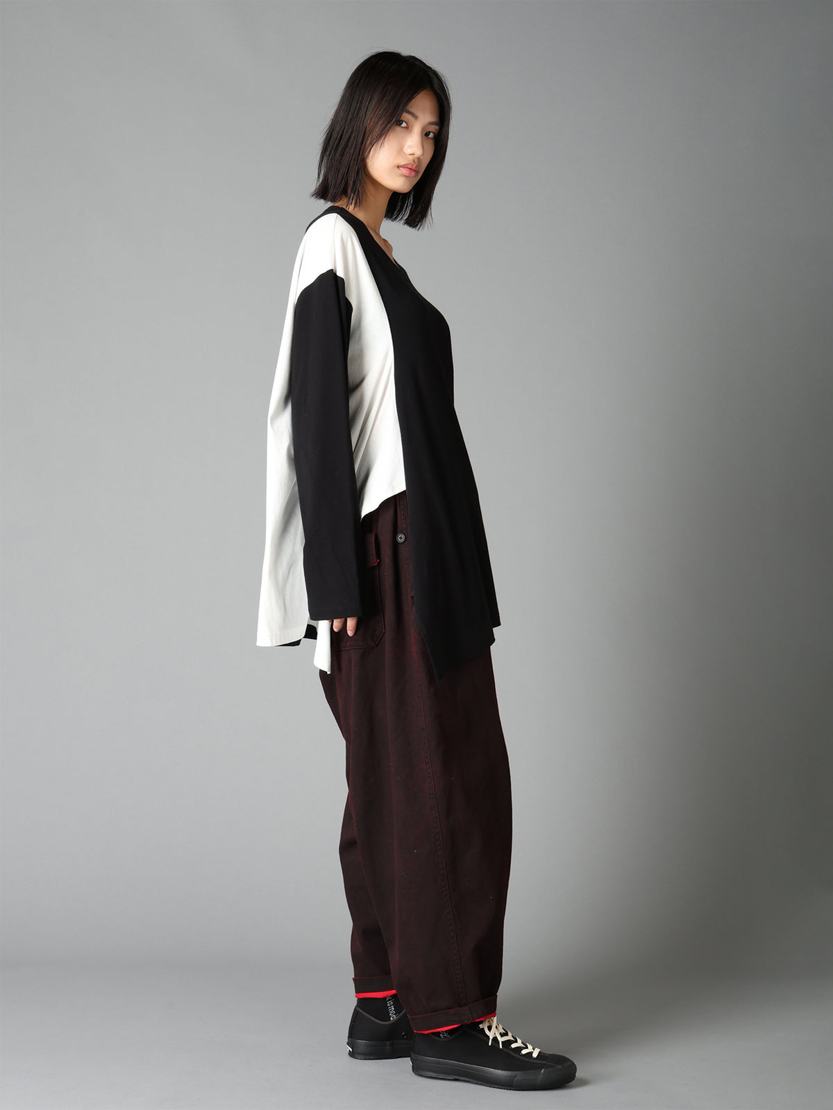 COTTON JERSEY FABRIC SWITCH L/S DRAPED T-SHIRT