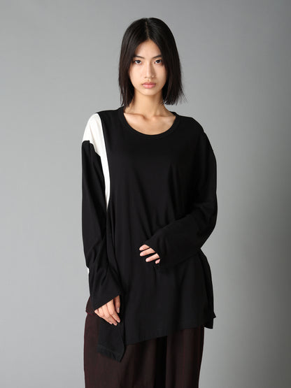 COTTON JERSEY FABRIC SWITCH L/S DRAPED T-SHIRT