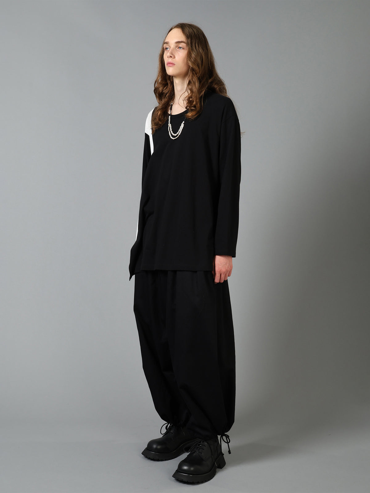 COTTON JERSEY FABRIC SWITCH L/S DRAPED T-SHIRT