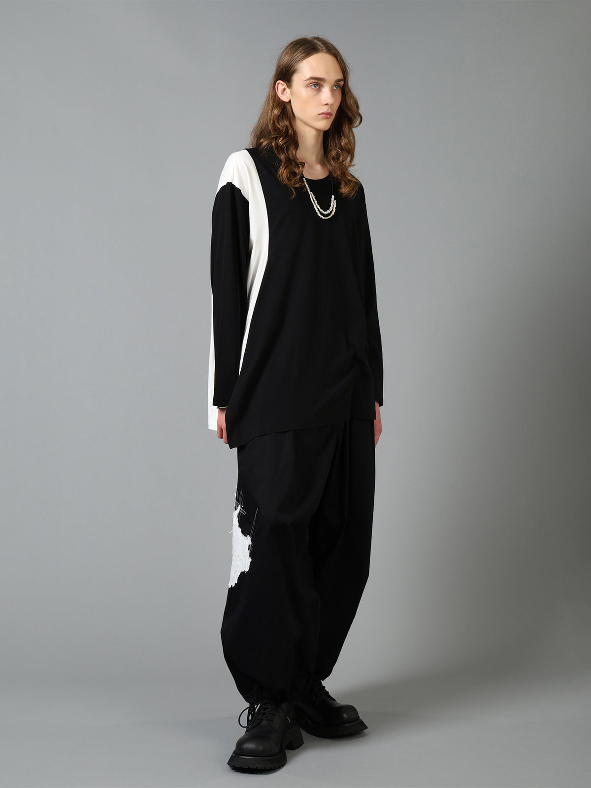 COTTON JERSEY FABRIC SWITCH L/S DRAPED T-SHIRT