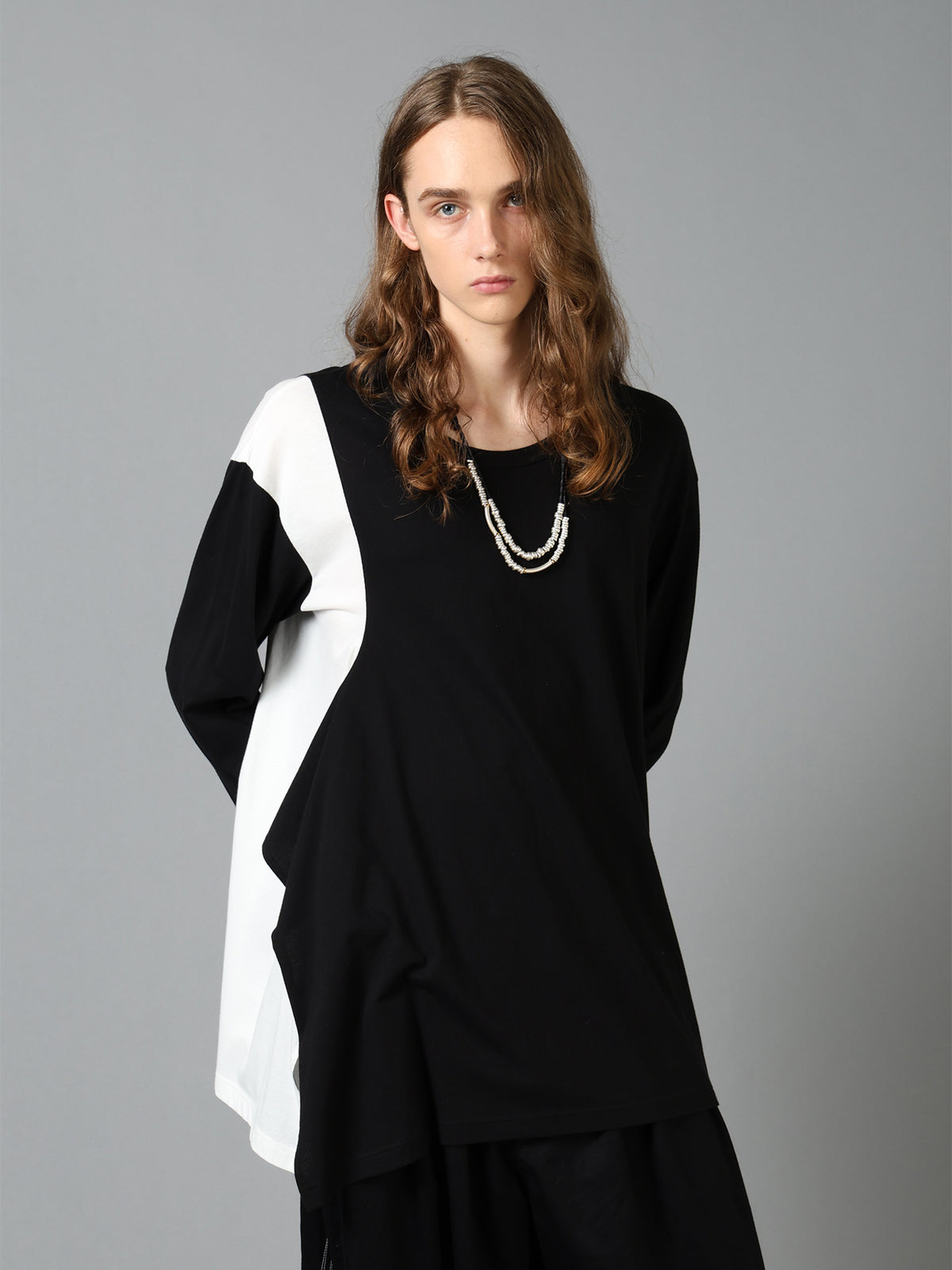 COTTON JERSEY FABRIC SWITCH L/S DRAPED T-SHIRT