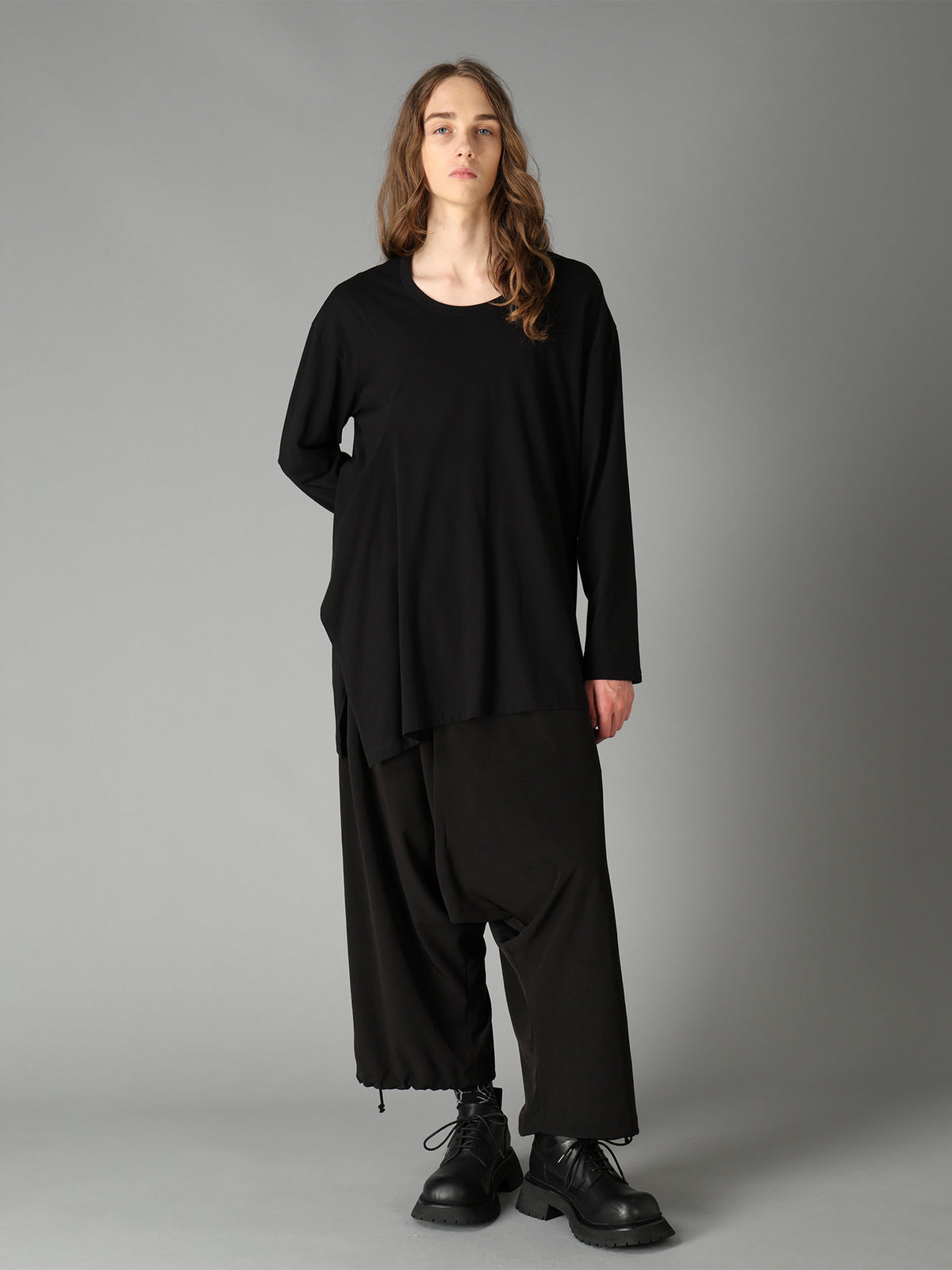 COTTON JERSEY FABRIC SWITCH L/S DRAPED T-SHIRT