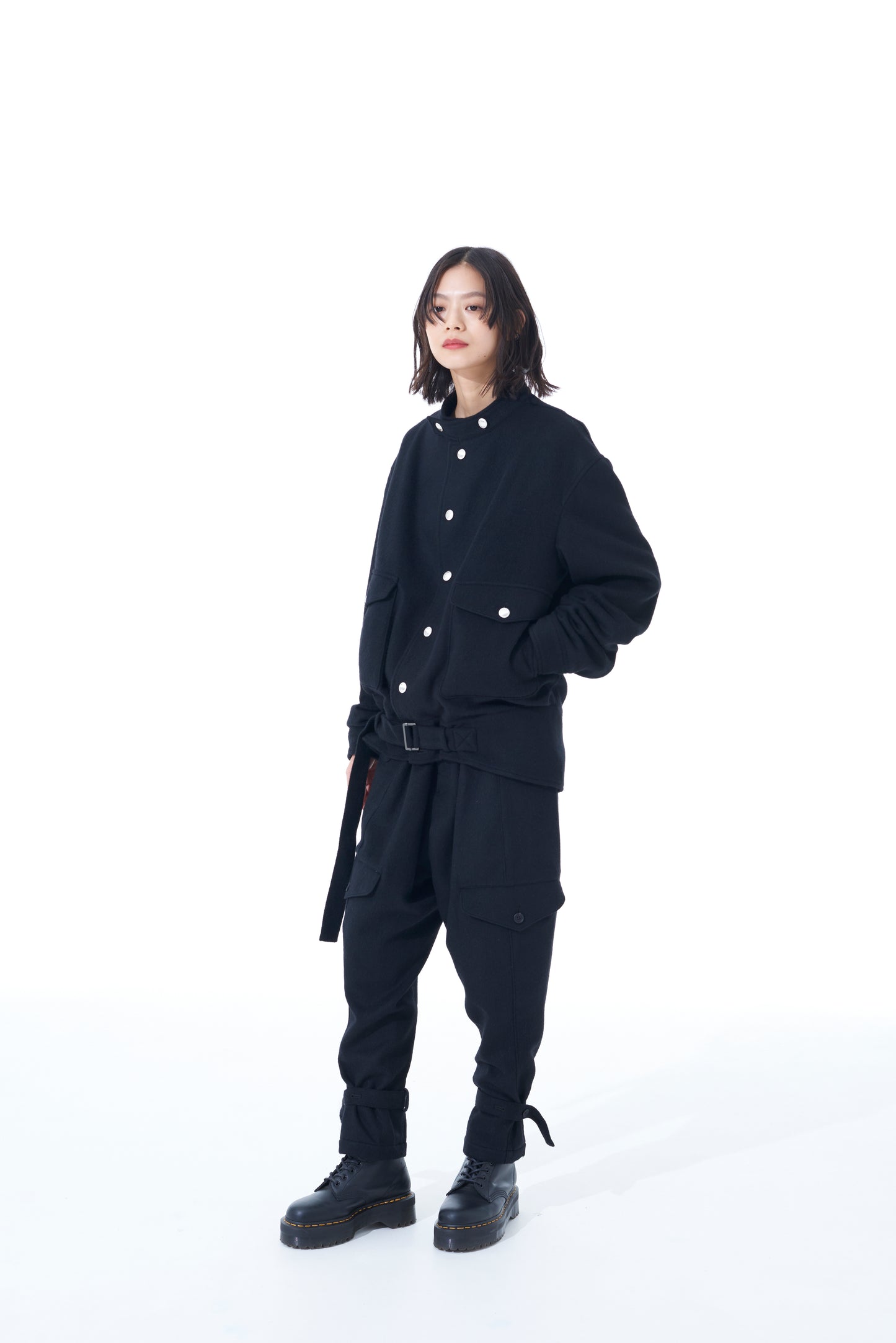 WOOL BEAVER WAIST BUCKLE STAND COLLAR BLOUSON