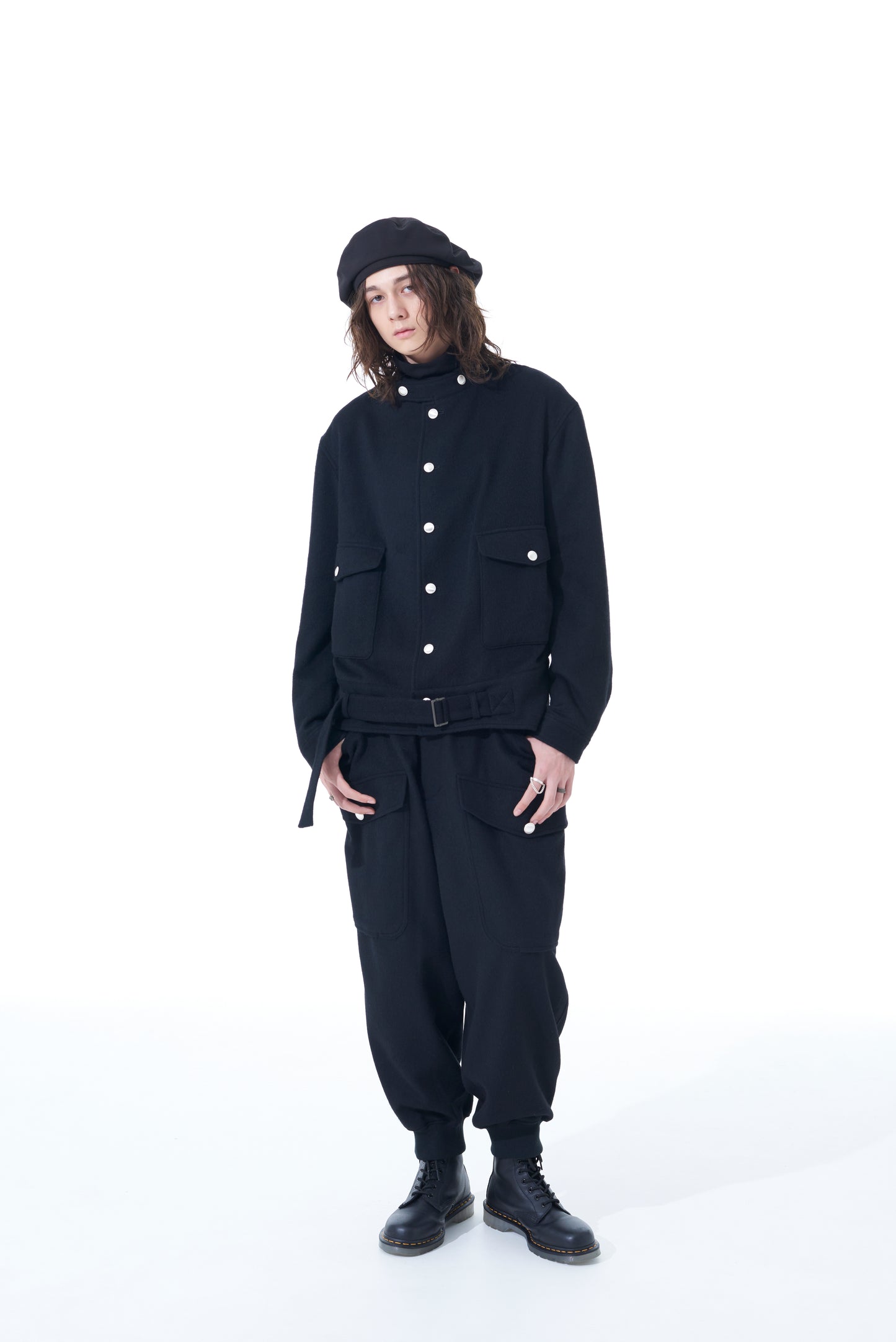 WOOL BEAVER WAIST BUCKLE STAND COLLAR BLOUSON