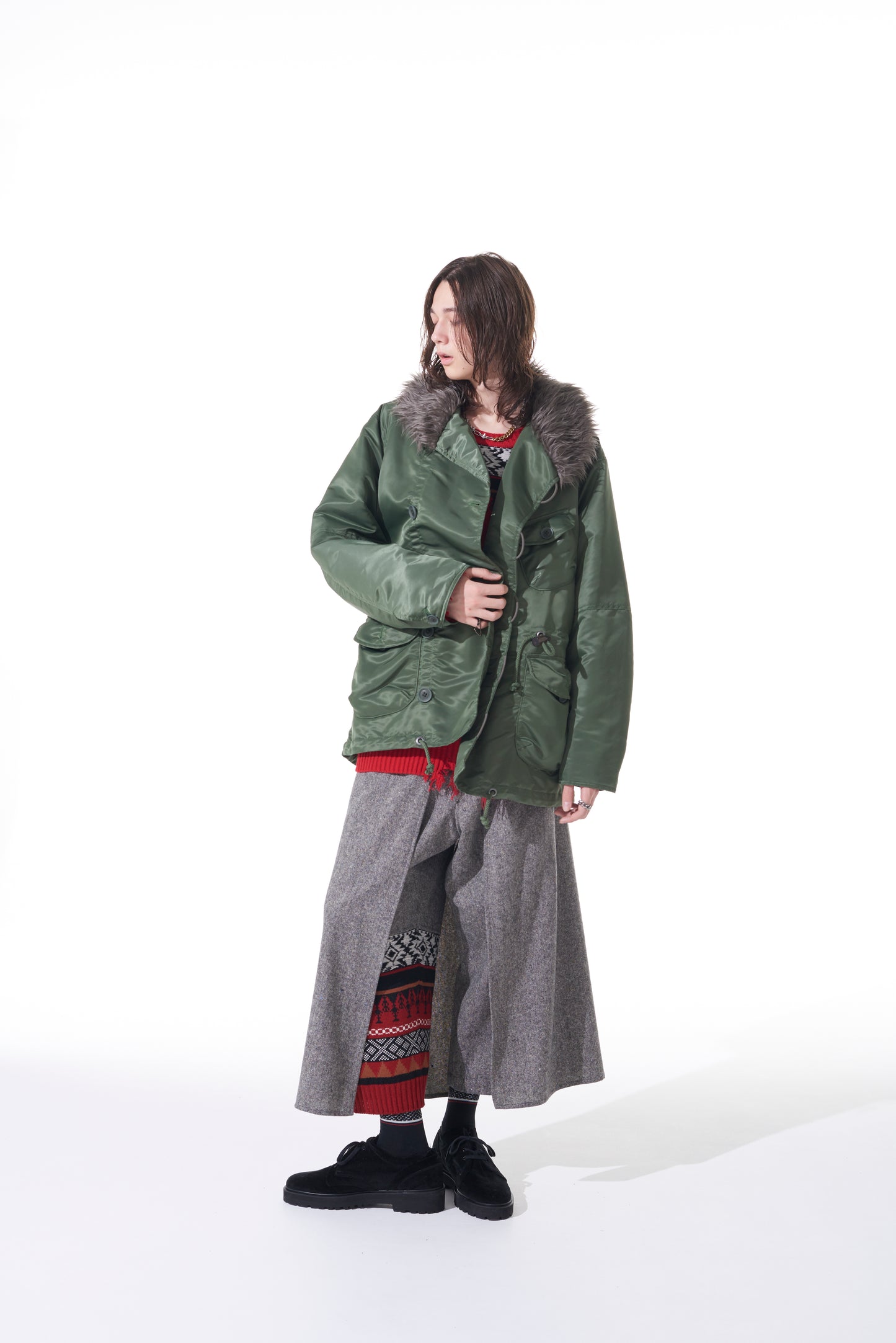 WATER-REPELLENT NYLON TWILL SHAWL COLLAR BLOUSON WITH FUR COLLAR