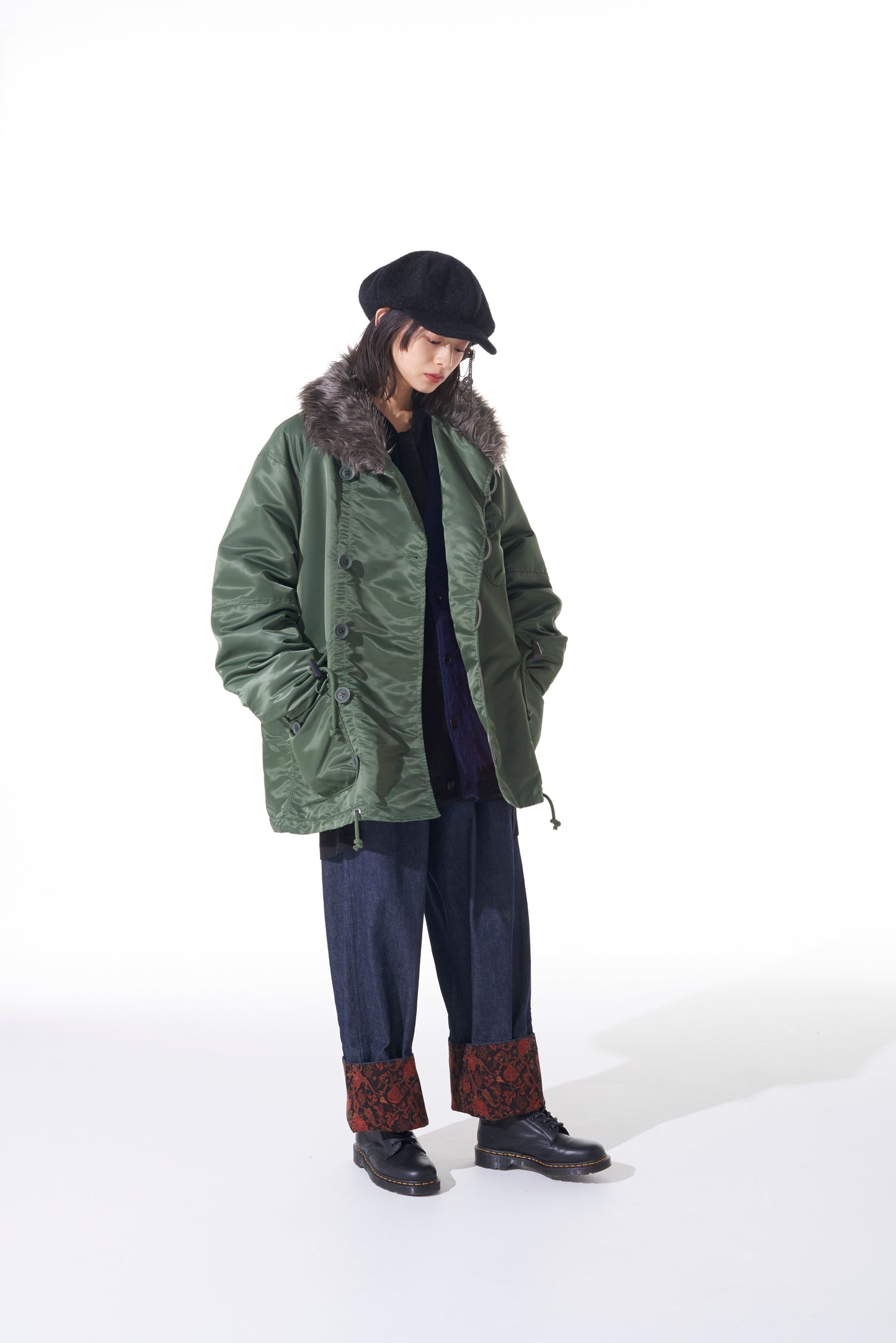 WATER-REPELLENT NYLON TWILL SHAWL COLLAR BLOUSON WITH FUR COLLAR