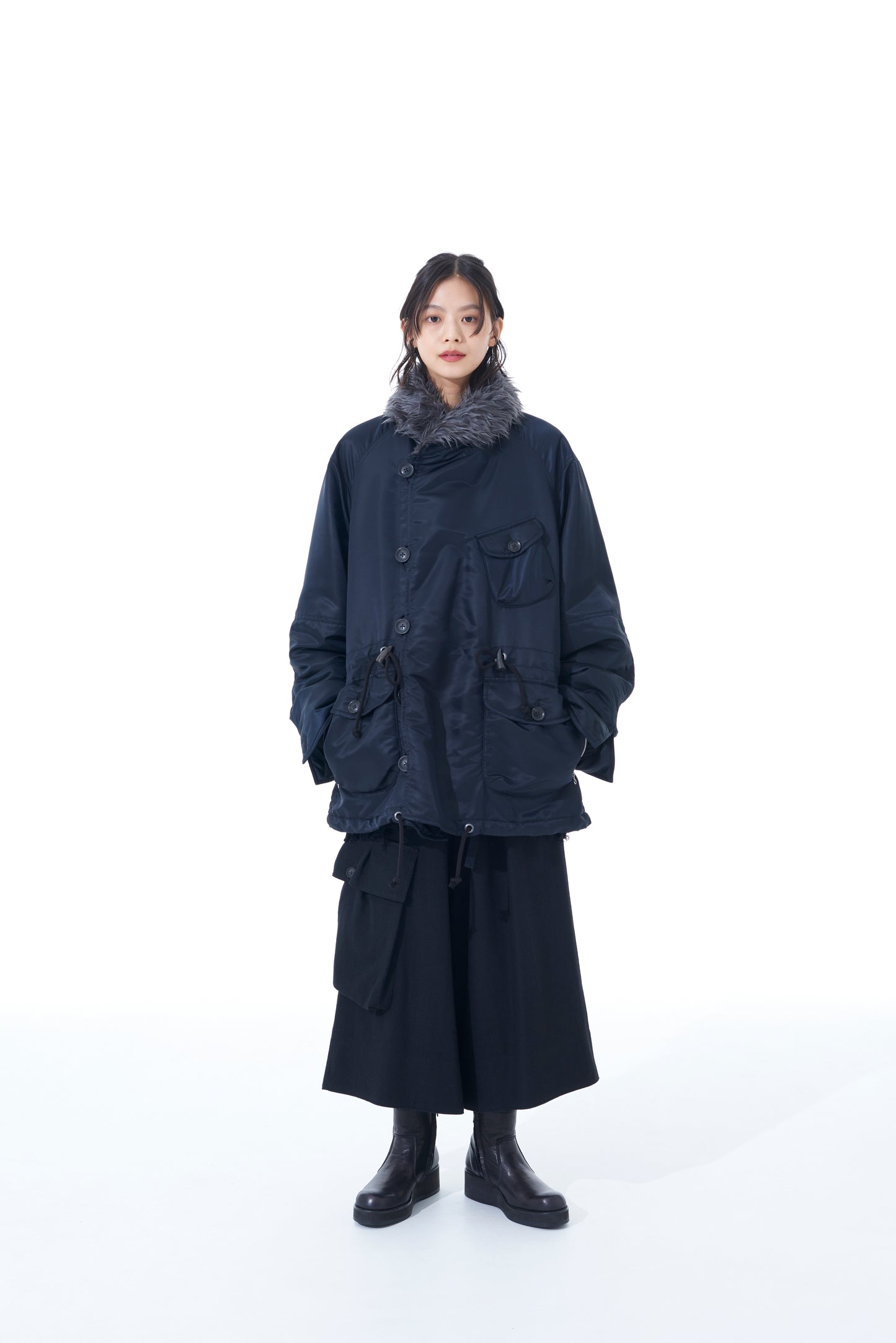 WATER-REPELLENT NYLON TWILL SHAWL COLLAR BLOUSON WITH FUR COLLAR