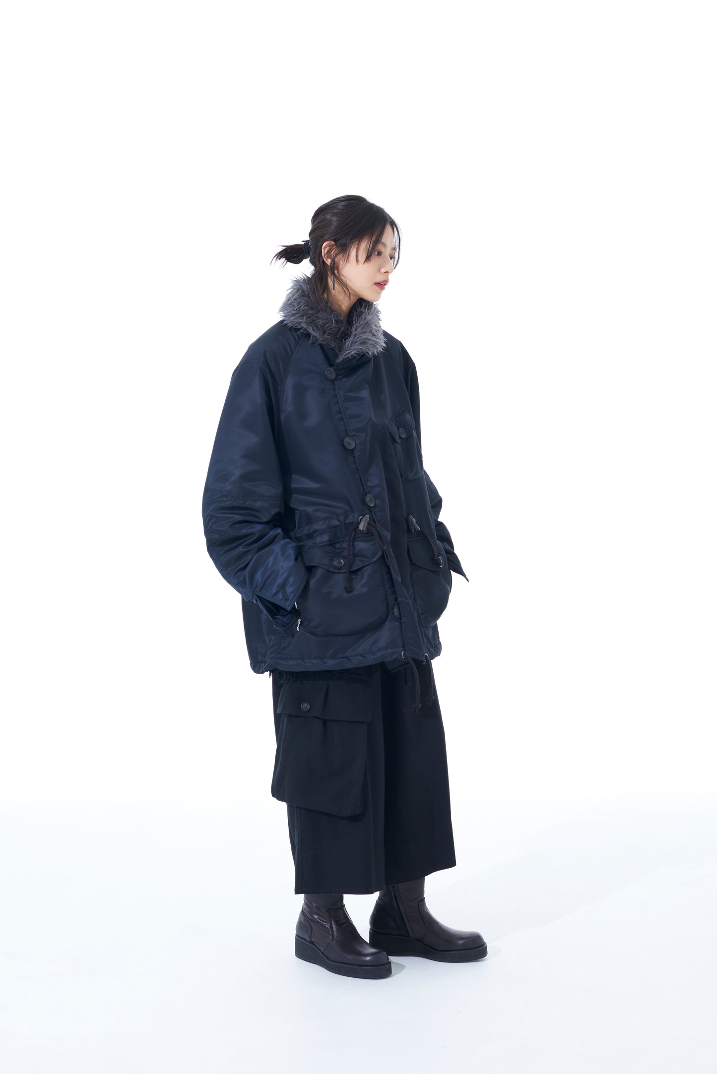 WATER-REPELLENT NYLON TWILL SHAWL COLLAR BLOUSON WITH FUR COLLAR