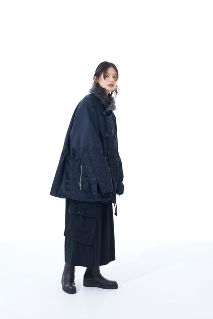 WATER-REPELLENT NYLON TWILL SHAWL COLLAR BLOUSON WITH FUR COLLAR