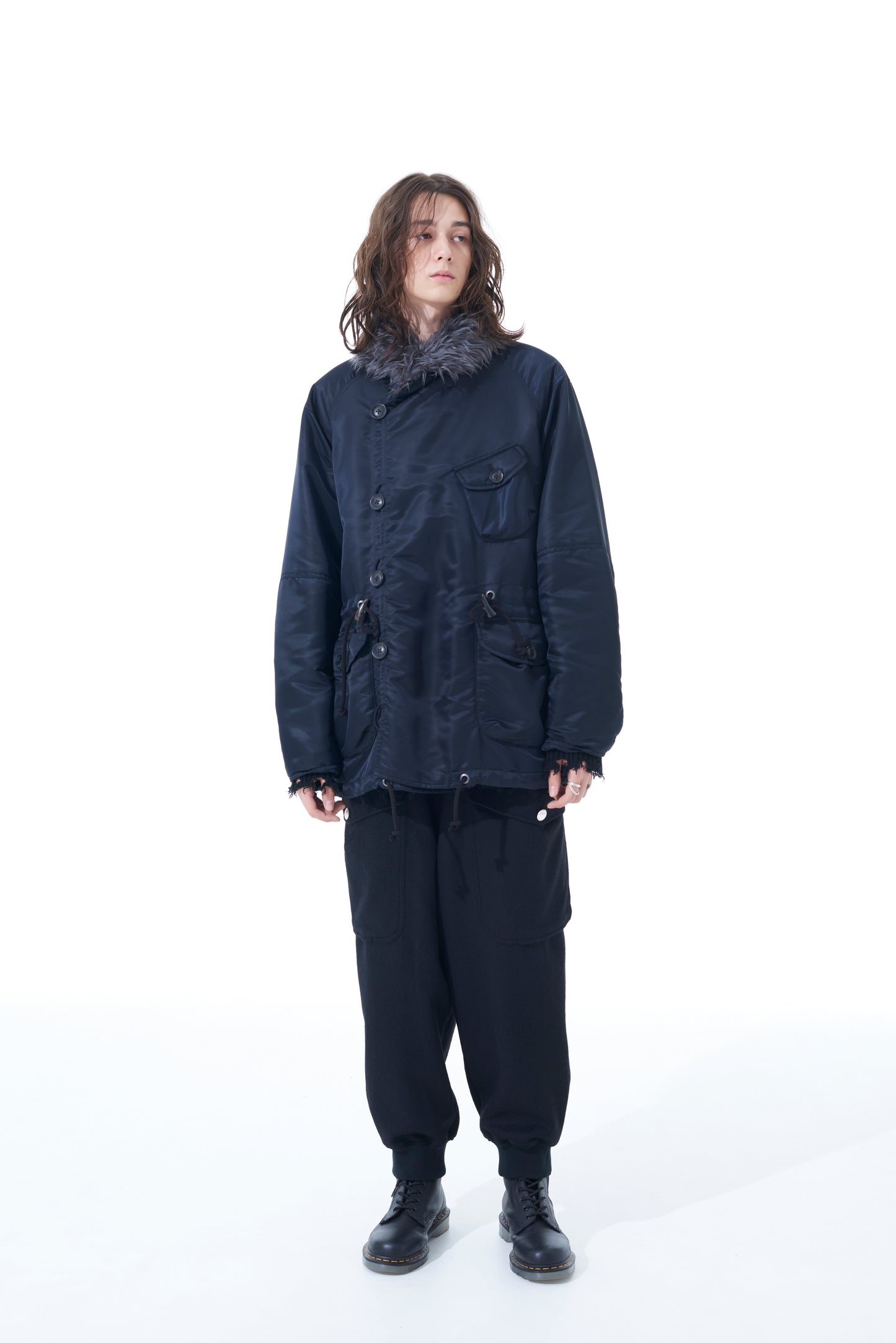 WATER-REPELLENT NYLON TWILL SHAWL COLLAR BLOUSON WITH FUR COLLAR