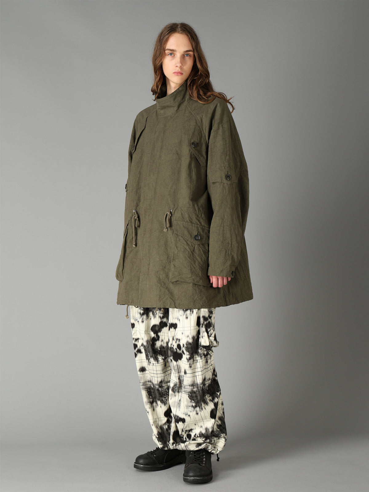 COTTON LINEN TWILL RAGLAN STAND COLLAR UTILITY BLOUSON