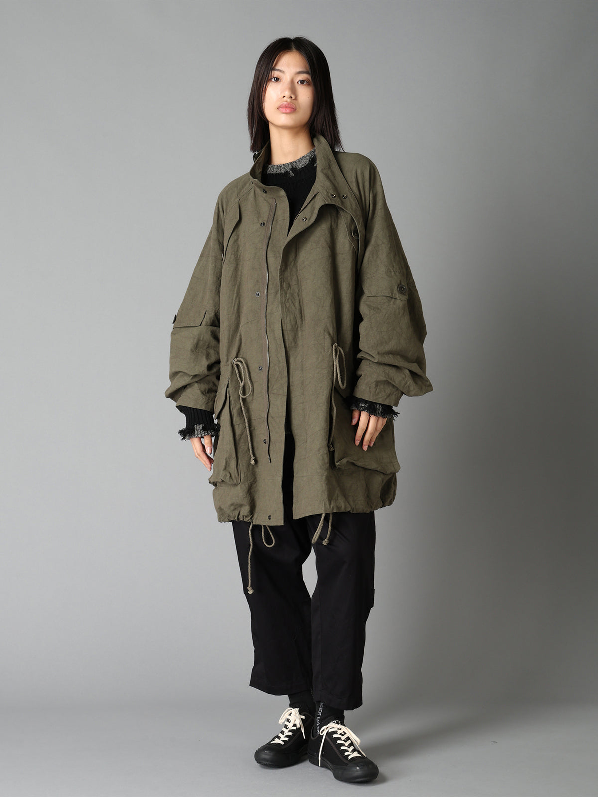 COTTON LINEN TWILL RAGLAN STAND COLLAR UTILITY BLOUSON
