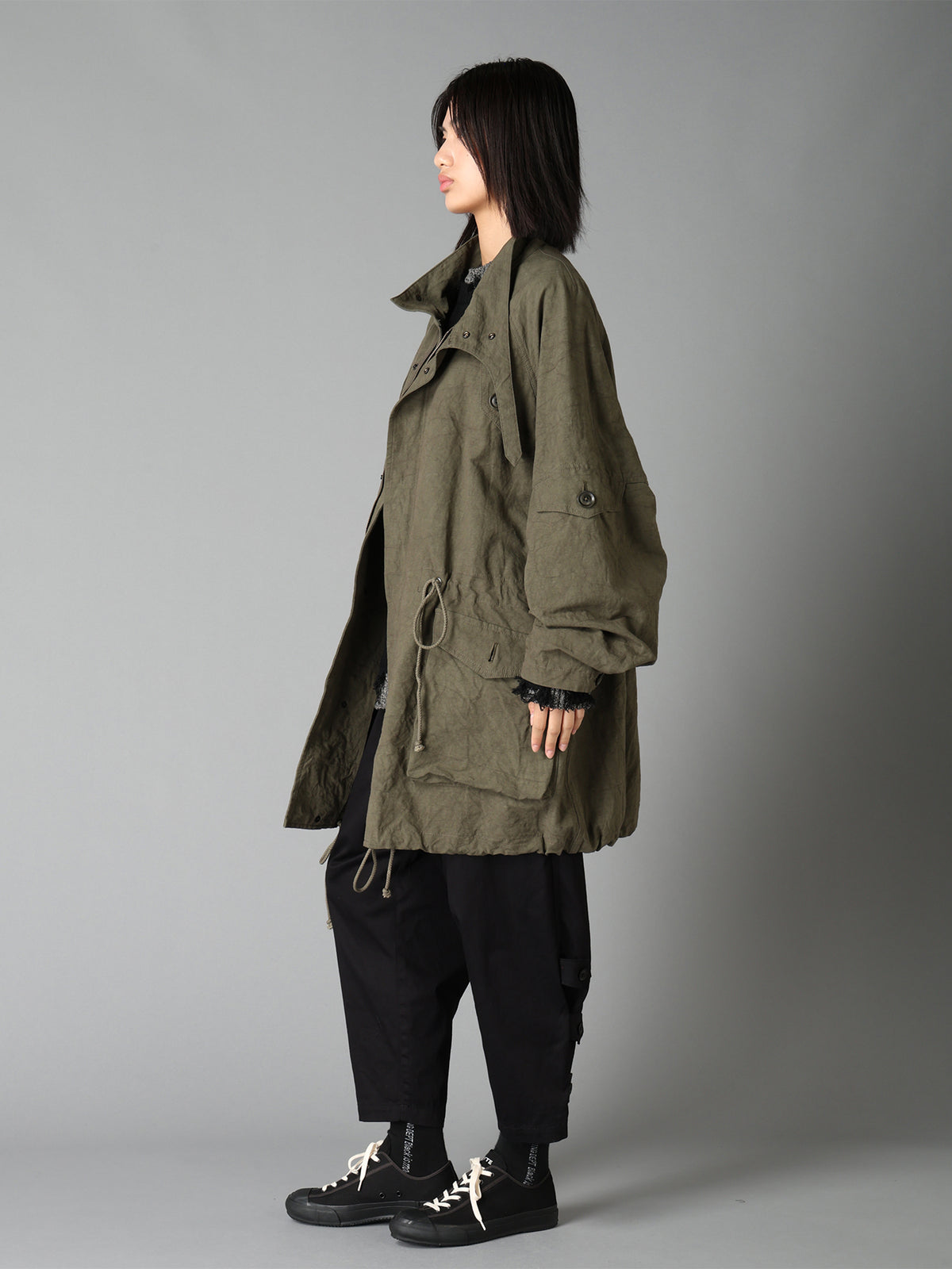 COTTON LINEN TWILL RAGLAN STAND COLLAR UTILITY BLOUSON