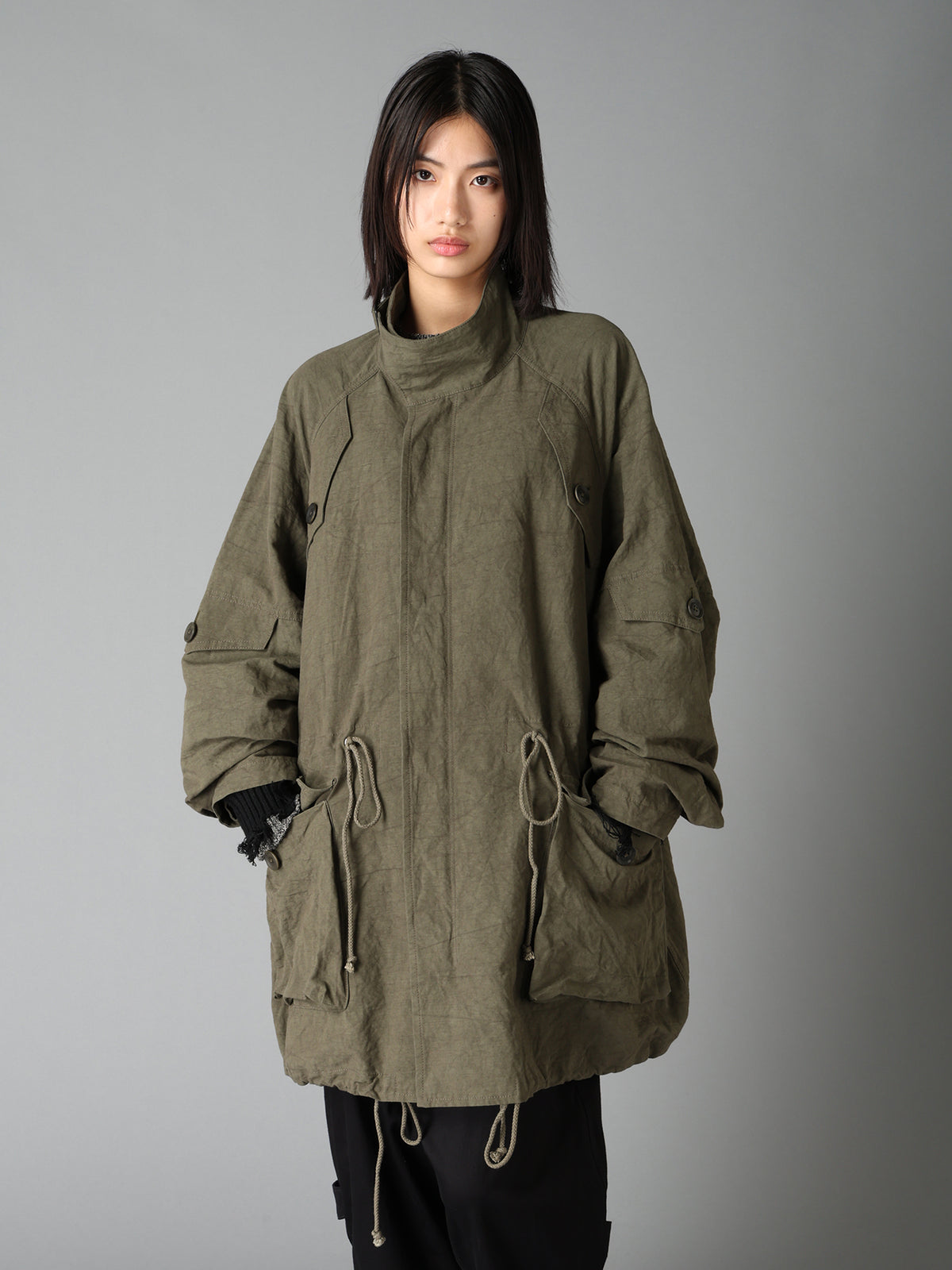 COTTON LINEN TWILL RAGLAN STAND COLLAR UTILITY BLOUSON