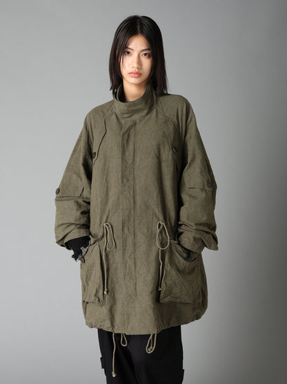 COTTON LINEN TWILL RAGLAN STAND COLLAR UTILITY BLOUSON