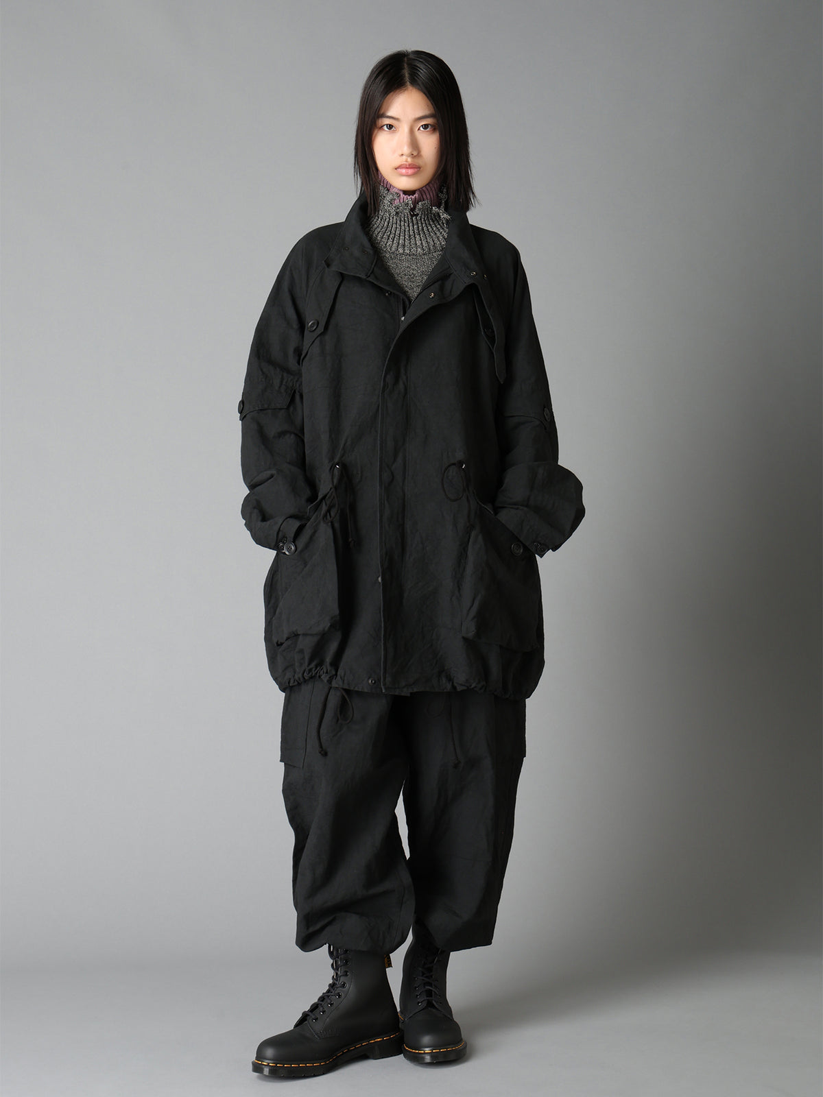 COTTON LINEN TWILL RAGLAN STAND COLLAR UTILITY BLOUSON