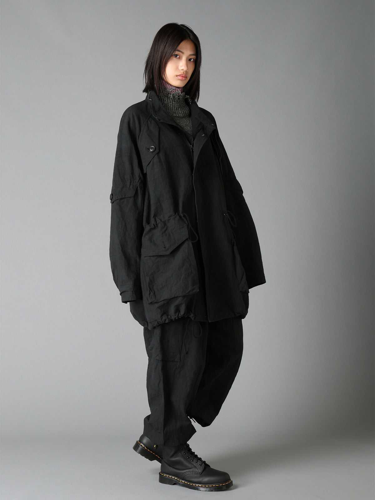 COTTON LINEN TWILL RAGLAN STAND COLLAR UTILITY BLOUSON