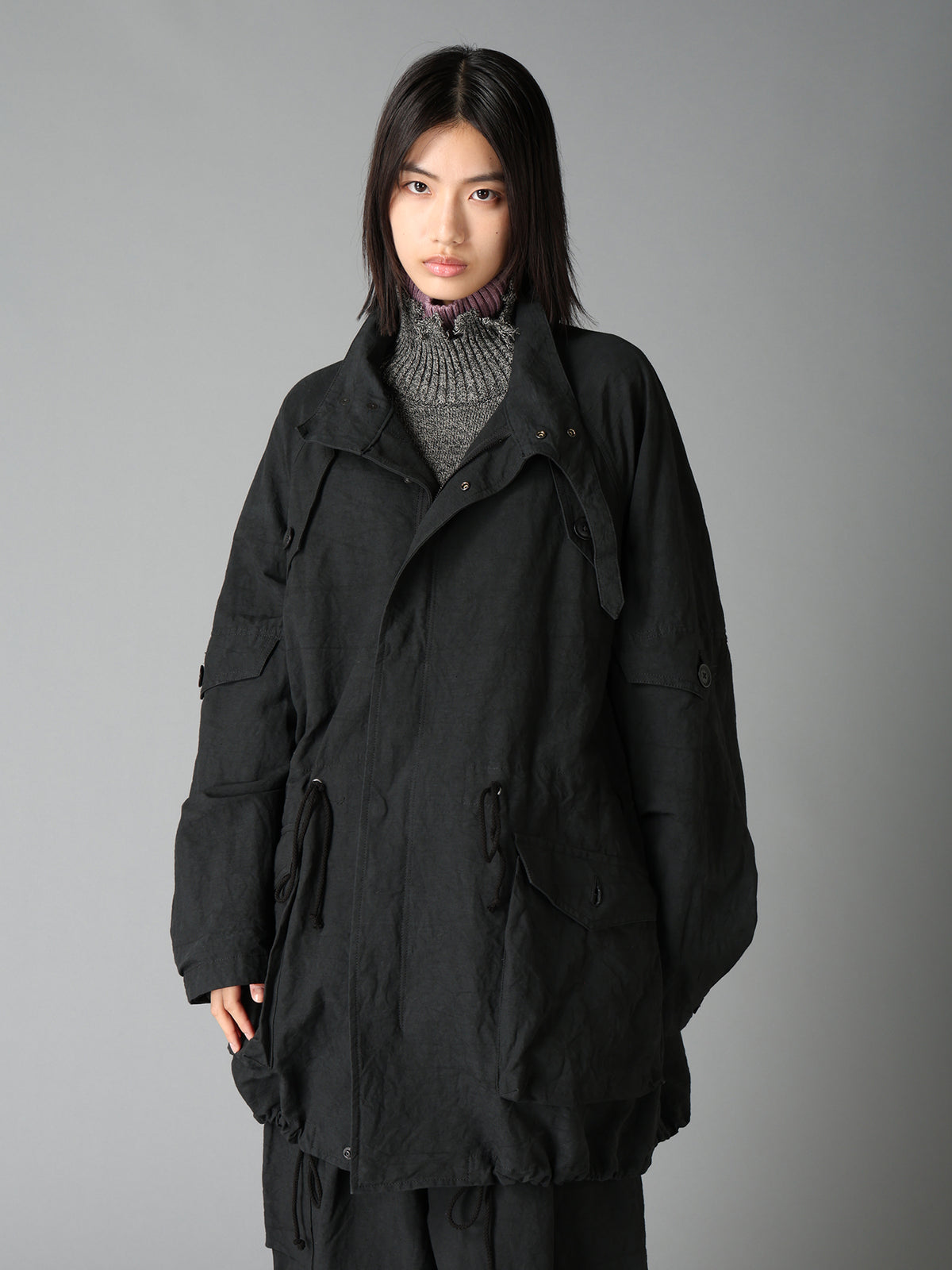 COTTON LINEN TWILL RAGLAN STAND COLLAR UTILITY BLOUSON