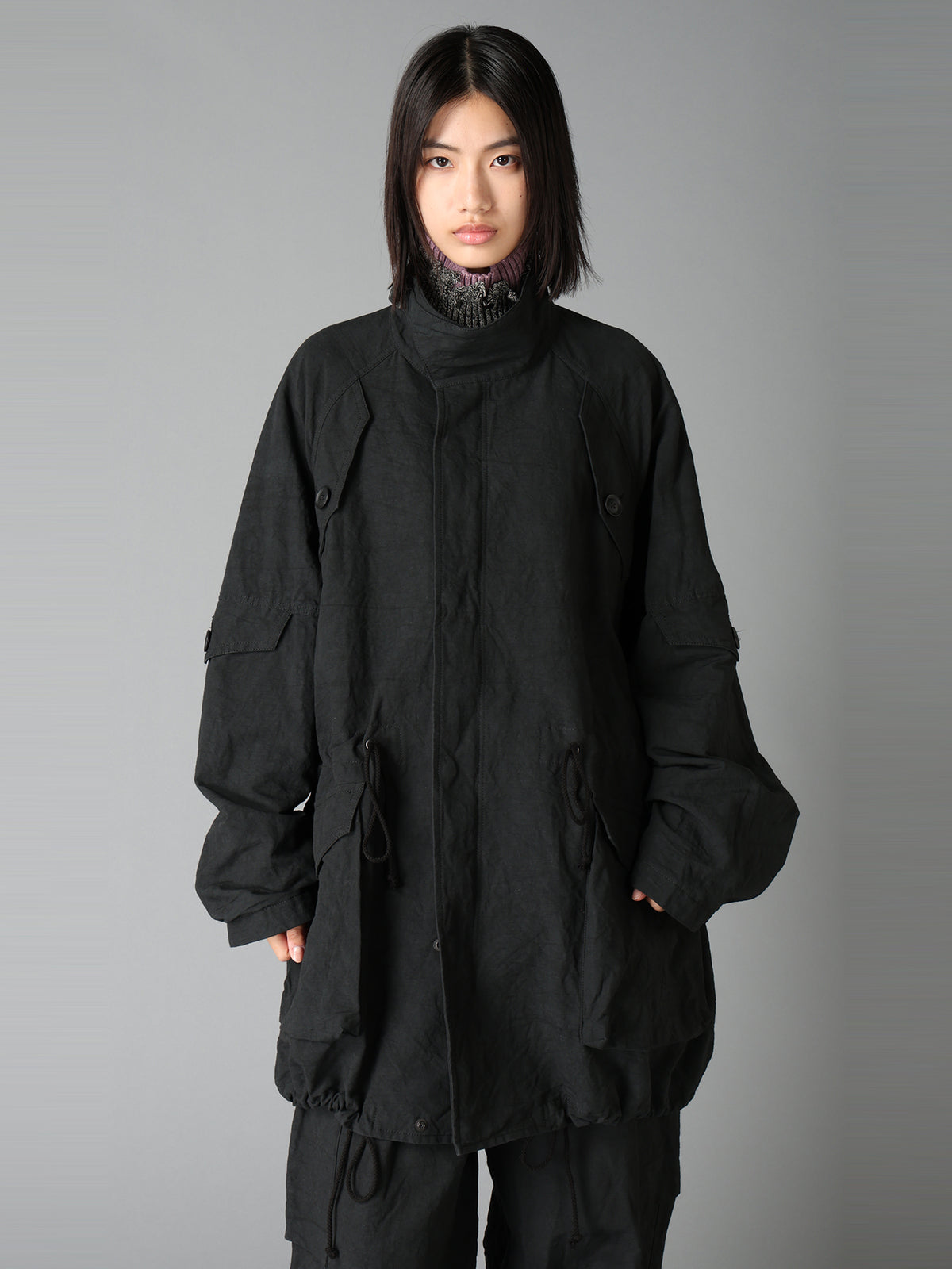 COTTON LINEN TWILL RAGLAN STAND COLLAR UTILITY BLOUSON