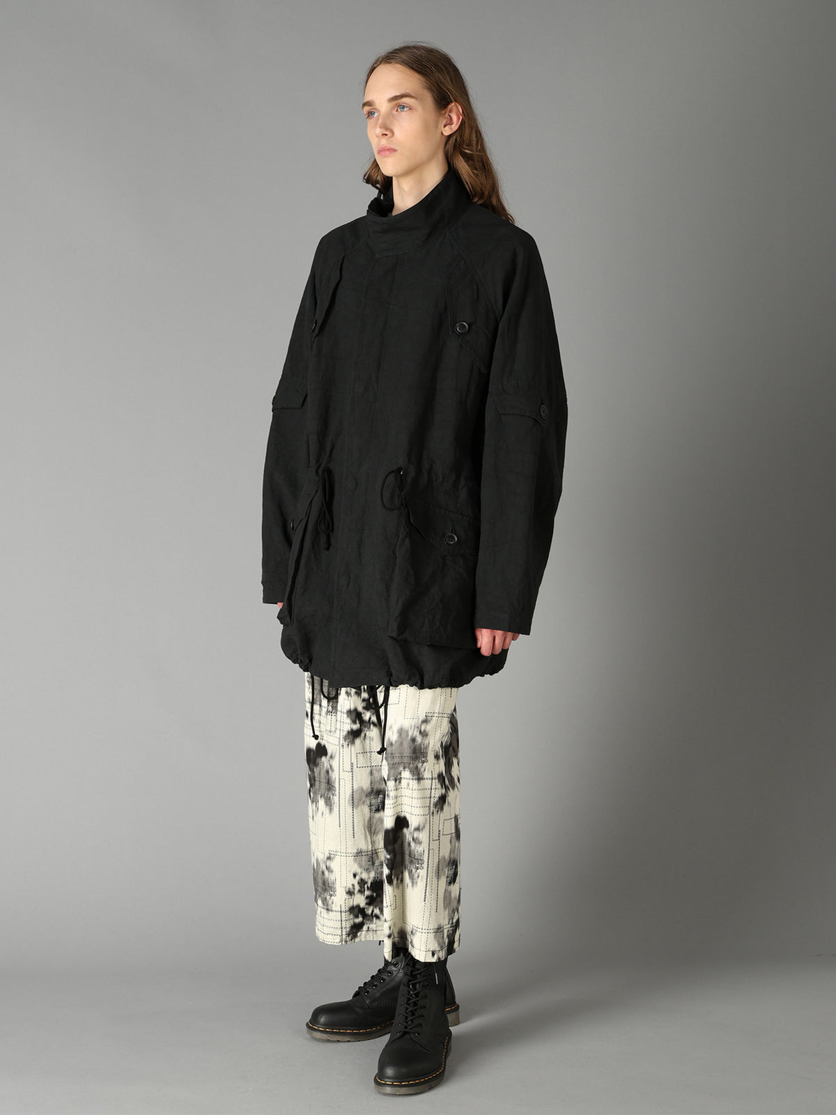 COTTON LINEN TWILL RAGLAN STAND COLLAR UTILITY BLOUSON