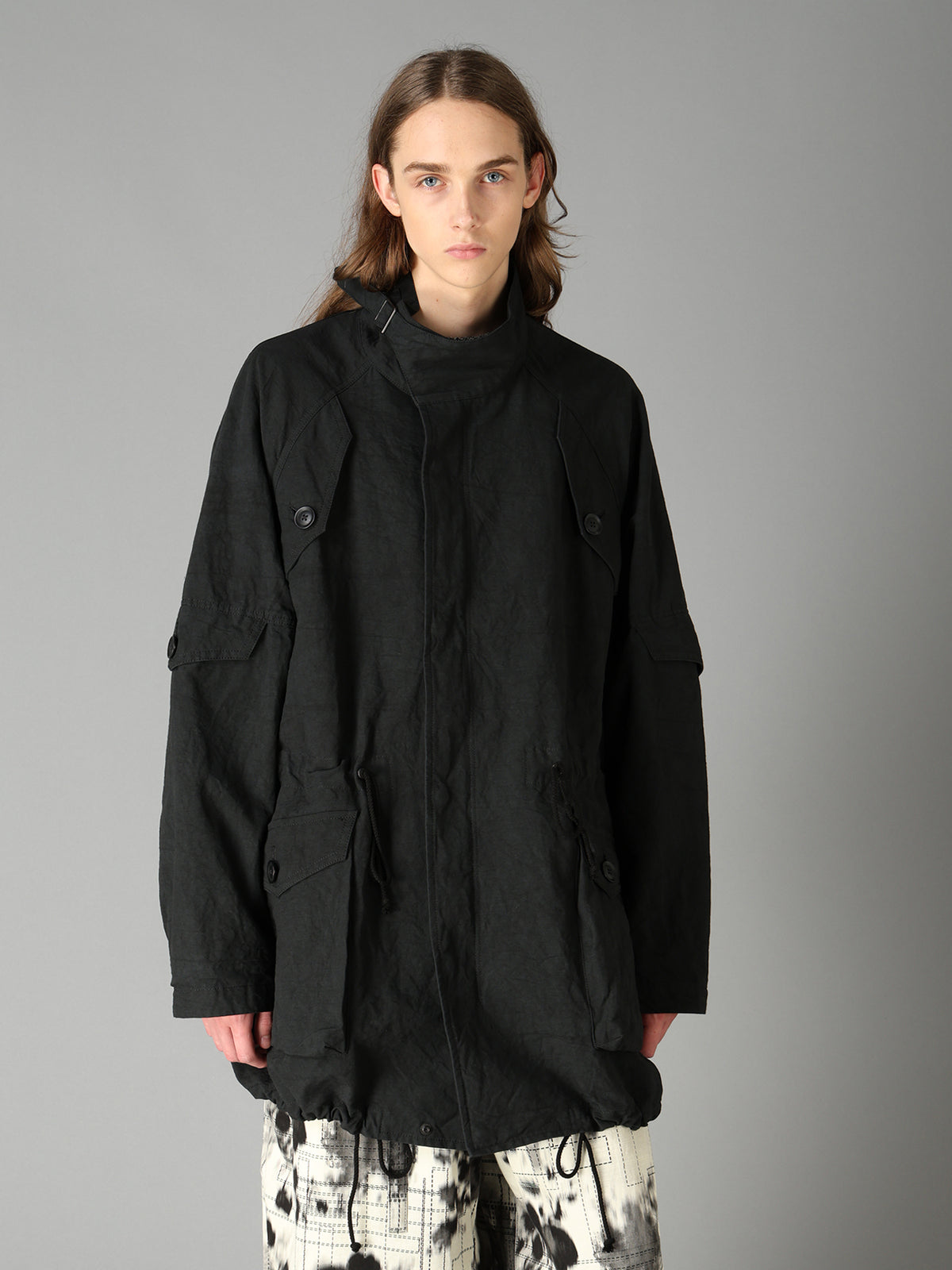 COTTON LINEN TWILL RAGLAN STAND COLLAR UTILITY BLOUSON