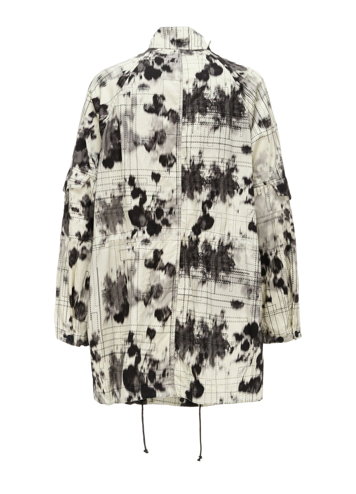 INK-WASH PRINTED RAGLAN STAND COLLAR UTILITY BLOUSON WITH DECORATIVE STITCH DETAILING