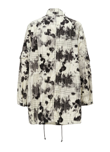 INK-WASH PRINTED RAGLAN STAND COLLAR UTILITY BLOUSON WITH DECORATIVE STITCH DETAILING