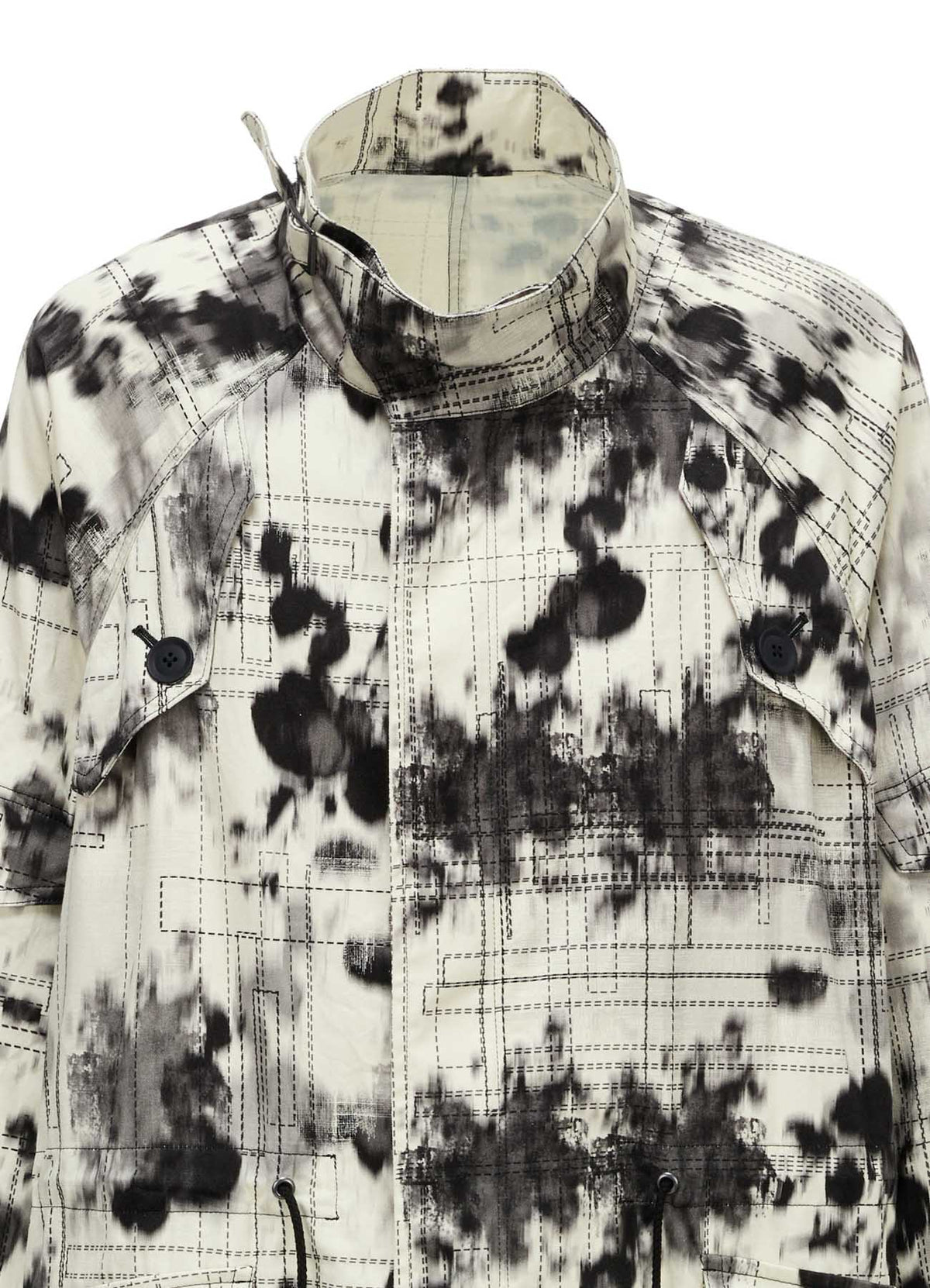 INK-WASH PRINTED RAGLAN STAND COLLAR UTILITY BLOUSON WITH DECORATIVE STITCH DETAILING