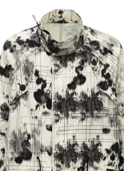 INK-WASH PRINTED RAGLAN STAND COLLAR UTILITY BLOUSON WITH DECORATIVE STITCH DETAILING