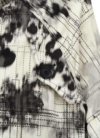 INK-WASH PRINTED RAGLAN STAND COLLAR UTILITY BLOUSON WITH DECORATIVE STITCH DETAILING