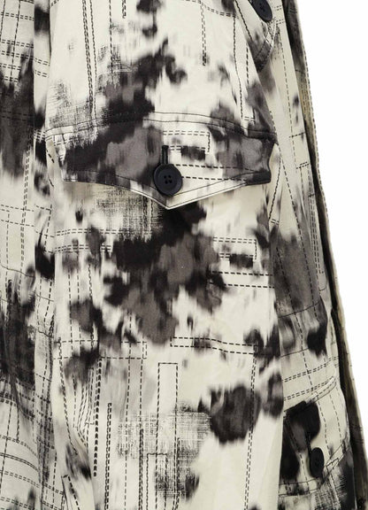 INK-WASH PRINTED RAGLAN STAND COLLAR UTILITY BLOUSON WITH DECORATIVE STITCH DETAILING