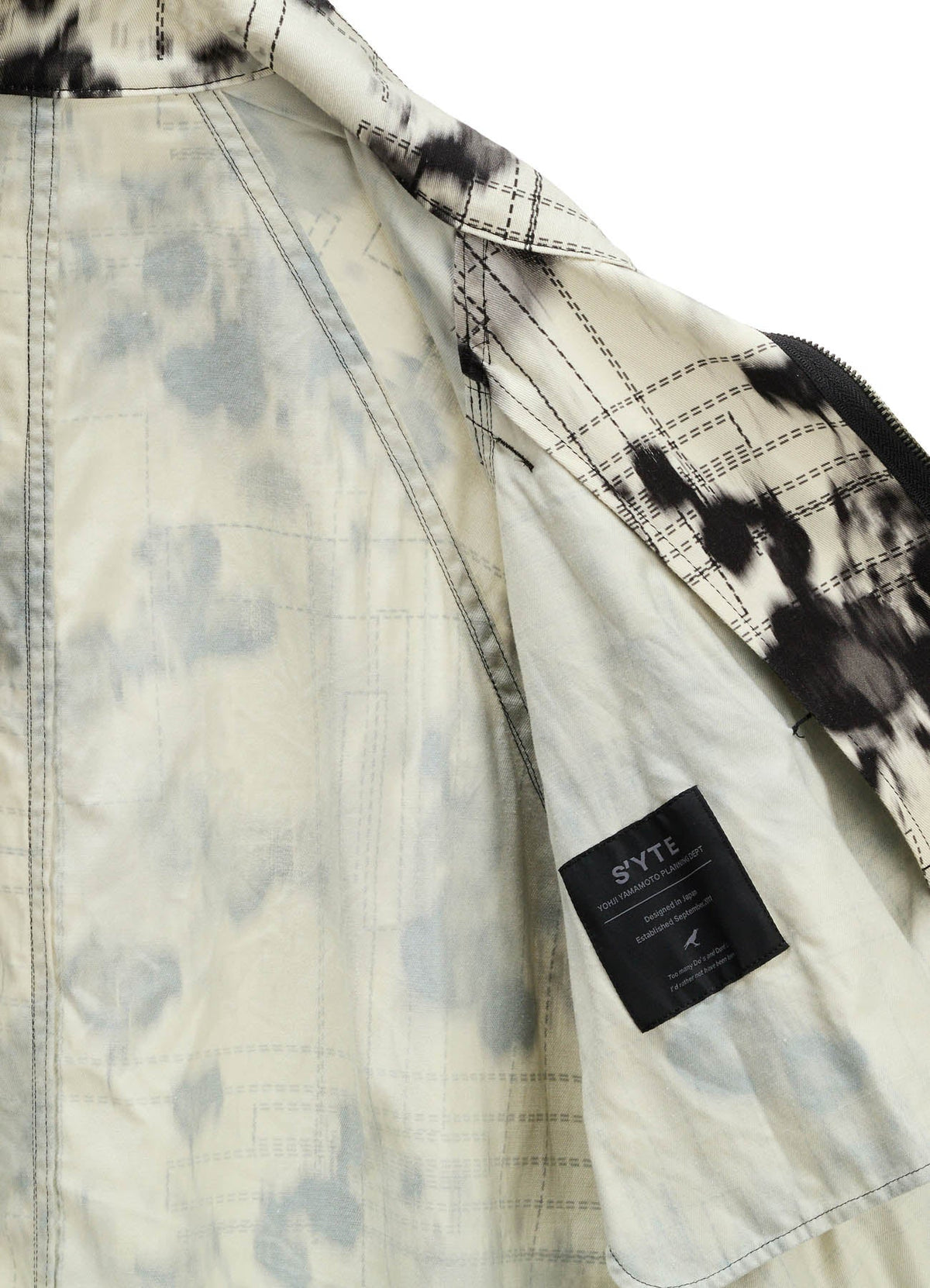 INK-WASH PRINTED RAGLAN STAND COLLAR UTILITY BLOUSON WITH DECORATIVE STITCH DETAILING