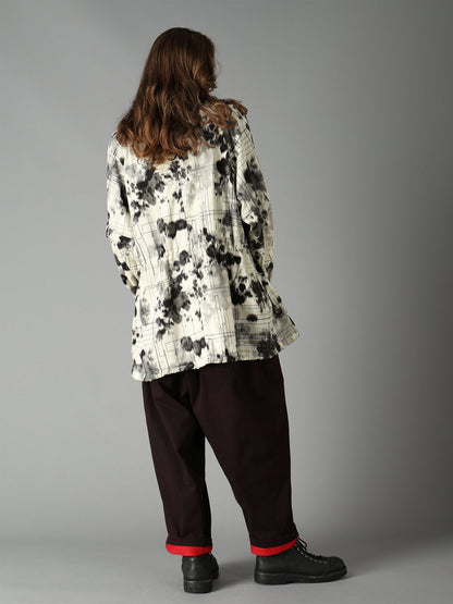 INK-WASH PRINTED RAGLAN STAND COLLAR UTILITY BLOUSON WITH DECORATIVE STITCH DETAILING